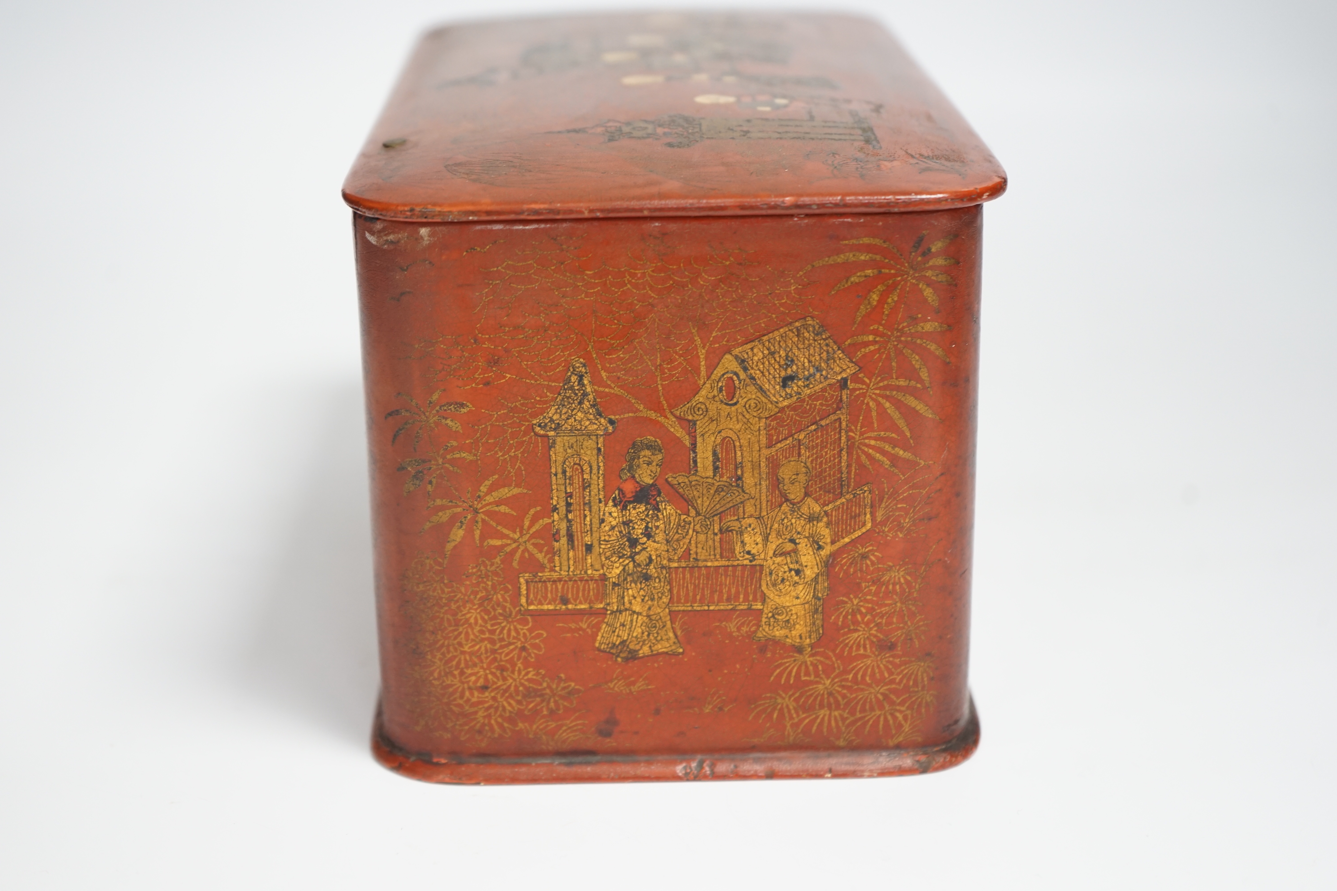 A 19th century French red japanned chinoiserie tea caddy, 11cm high